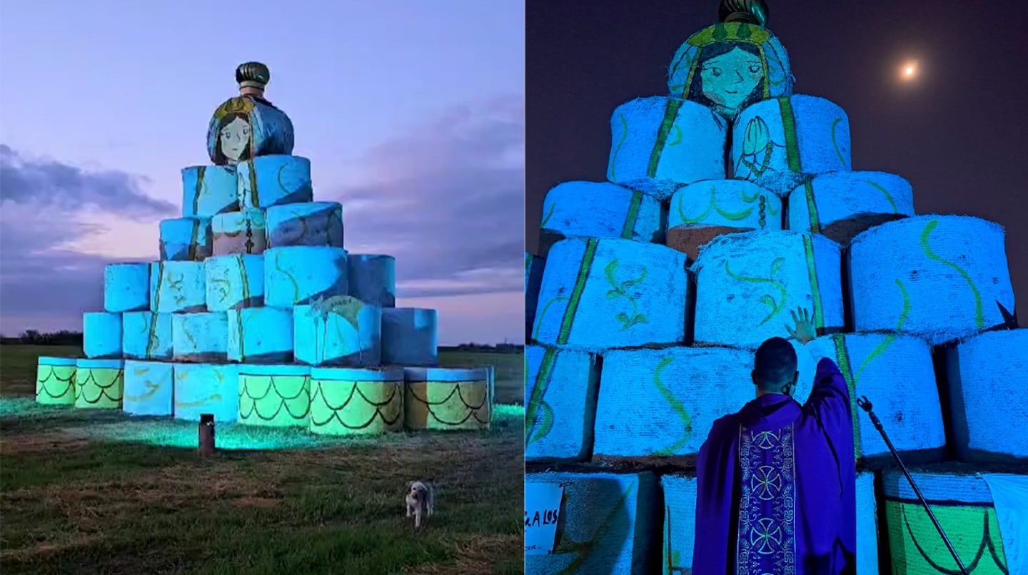 Un productor cordobés hizo una “Virgen de alfalfa” para celebrar Navidad y reunió a todo el pueblo en el campo
