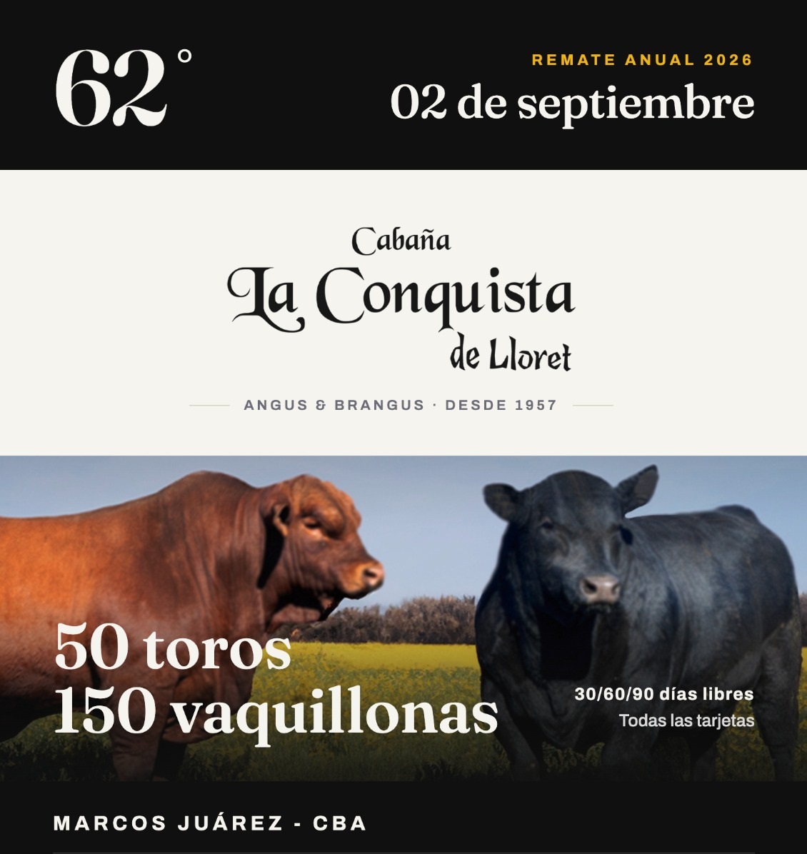 Remate de Cabaña La Conquista de Lloret en Marcos Juárez el miércoles 2 de septiembre con Angus, Brangus y más