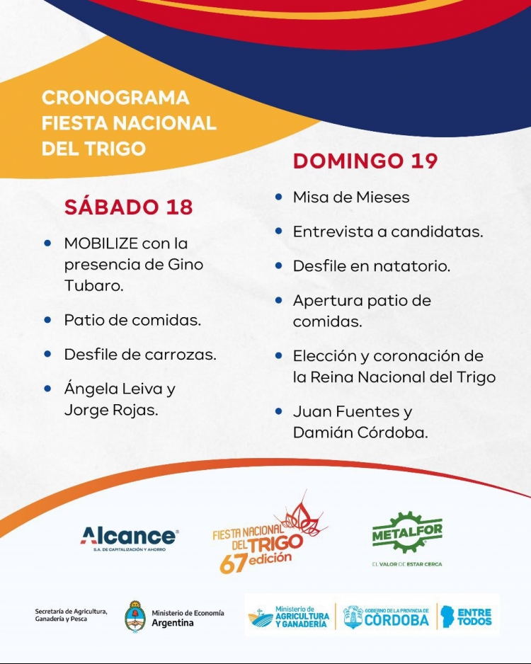 Jueves a domingo: Programación de la 67ª Fiesta Nacional del Trigo y 50ª Jornadas Trigueras Nacionales